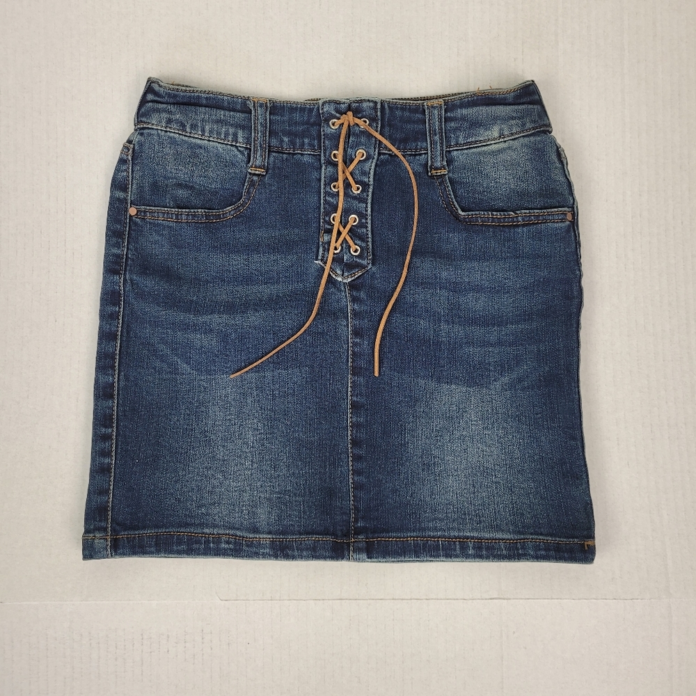 Denim Mini Skirt Size S Leather Lace Up Front Western Cowgirl Casual Festival